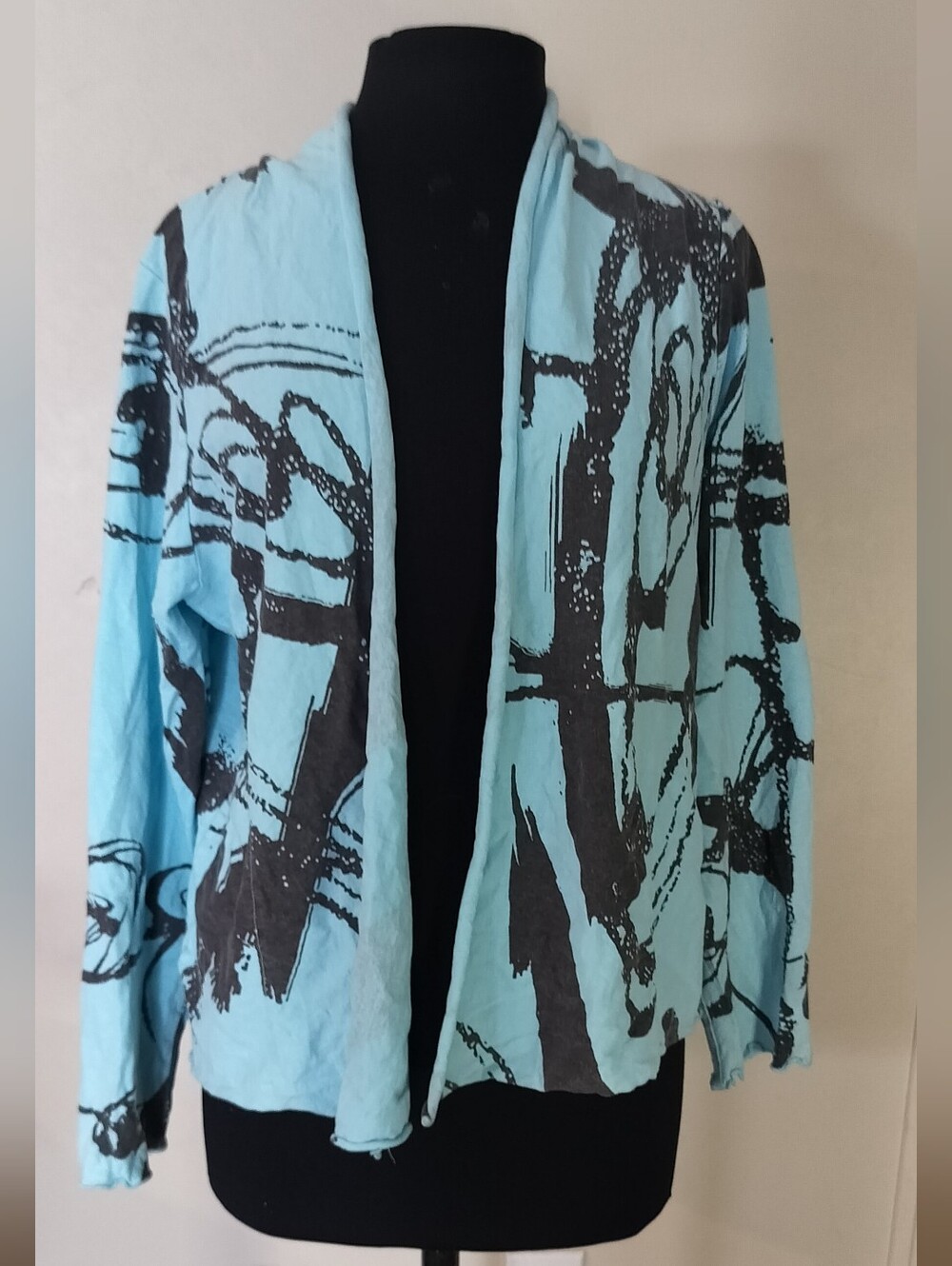 Light Blue Open-Front Abstract Print Cardigan